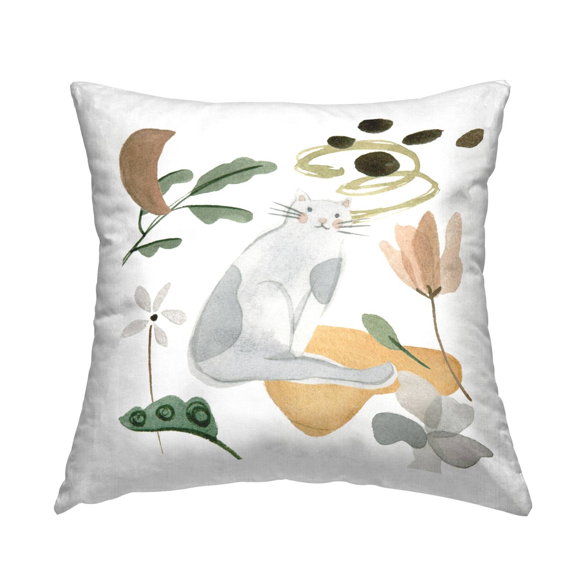 Stupell Industries Smiling Gray Cat Minimal Flower Sprigs Throw Pillow, 18" x 18"